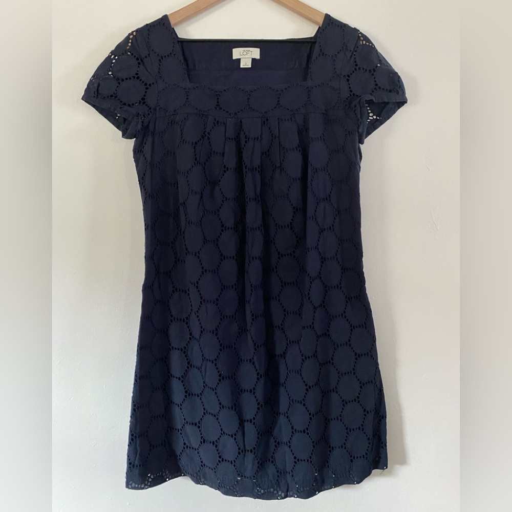 LOFT navy Square cut neckline eyelet dress